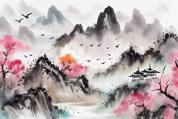 نقاشی تلطیف شده با جوهر سیاه از کوه ها در تصویر برداری سنتی به سبک مینیمالیستی ژاپنی شرقی