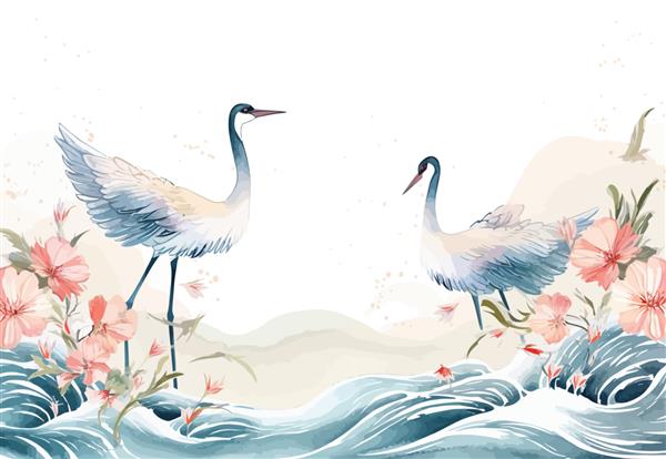 پس زمینه ژاپنی با بافت آبرنگ وکتور پرندگان جرثقیل تصویر برداری سنتی شرقی مینیمالیستی به سبک ژاپنی