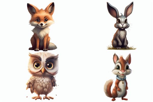 مجموعه حیوانات سافاری جغد خرگوش سنجاب و روباه در تصویر برداری جدا شده به سبک سه بعدی