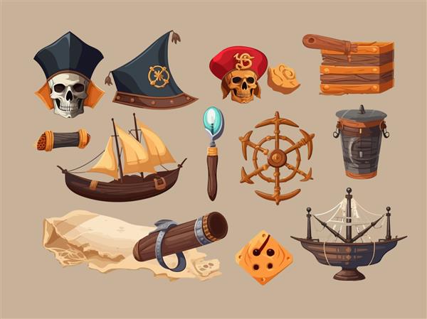 نمادهای دزدان دریایی با نقشه پرچم کلاه کاپیتان کشتی با جمجمه و در تصویر برداری کارتونی پس زمینه