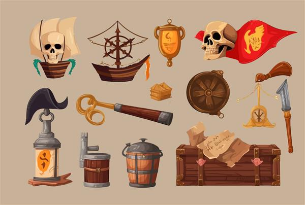 نمادهای دزدان دریایی با نقشه پرچم کلاه کاپیتان کشتی با جمجمه و در تصویر برداری کارتونی پس زمینه