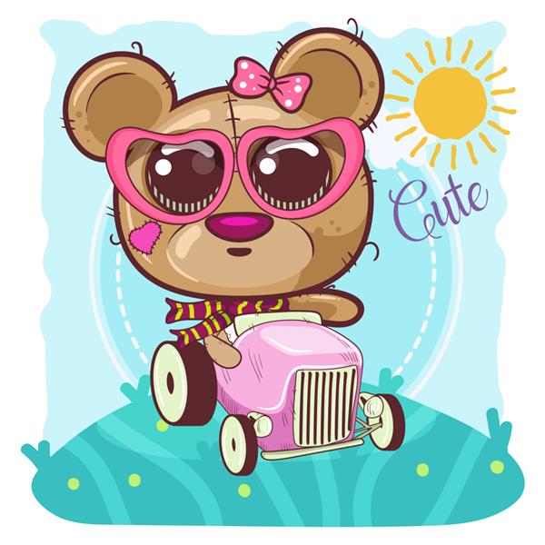 دختر خرس کارتونی ناز سوار ماشین می شود - وکتور