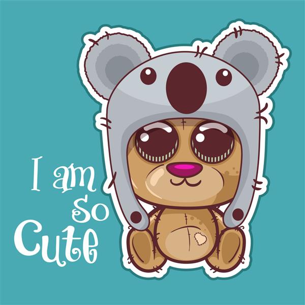 کارت تبریک خرس کارتونی زیبا با کلاه کوالا - وکتور