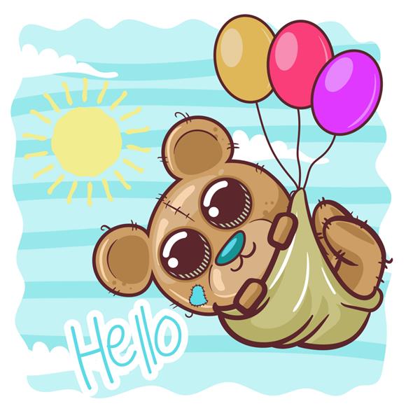 کارت پستال خرس کارتونی زیبا با بادکنک - وکتور