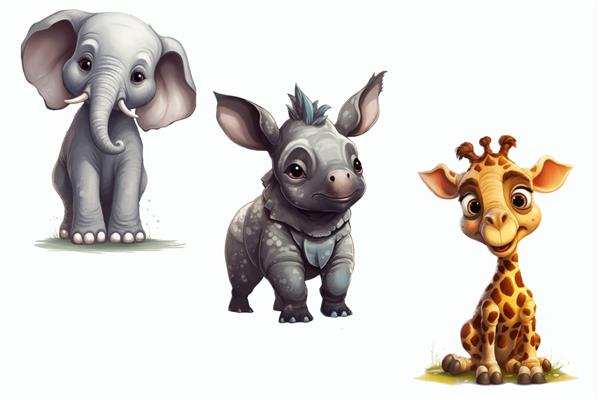 مجموعه حیوانات سافاری فیل زرافه و کرگدن در تصویر برداری جدا شده به سبک سه بعدی