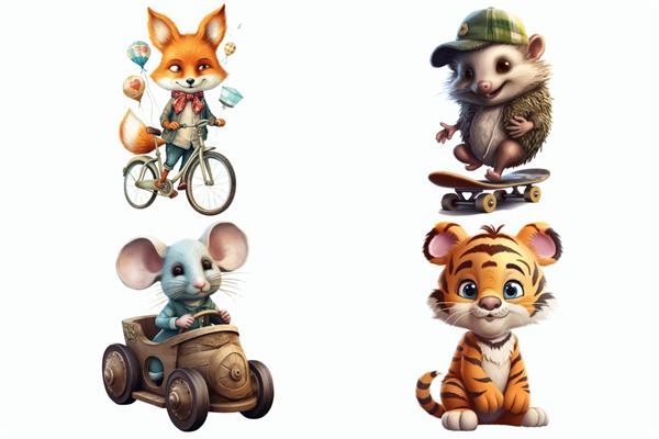 موش مجموعه حیوانات سافاری در ماشین چوبی روباه روی دوچرخه جوجه تیغی روی اسکیت برد در تصویر برداری جدا شده به سبک سه بعدی
