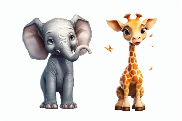 مجموعه حیوانات سافاری فیل و زرافه در تصویر برداری جدا شده به سبک سه بعدی