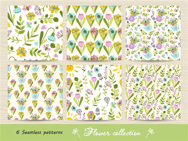 مجموعه ای از الگوی بدون درز با گل ها و برگ های رنگارنگ