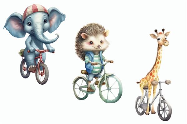 مجموعه حیوانات سافاری فیل زرافه و جوجه تیغی روی دوچرخه در تصویر برداری جدا شده به سبک سه بعدی