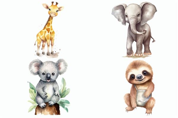 مجموعه حیوانات سافاری کوالا زرافه فیل تنبل در تصویر برداری جدا شده به سبک سه بعدی