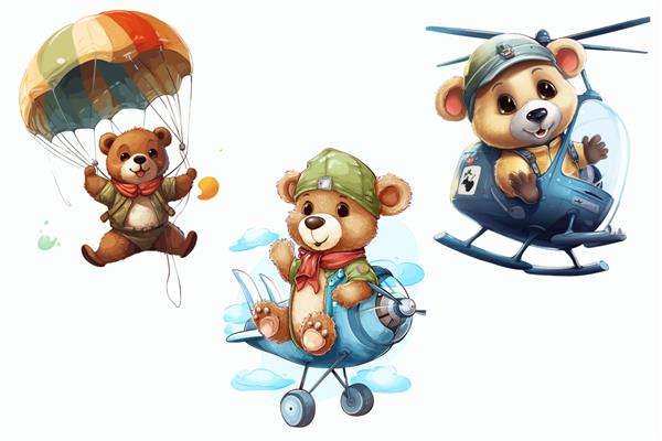 حیوانات سافاری خرس را در یک هواپیمای چتر نجات و هلیکوپتر در تصویر برداری جدا شده به سبک سه بعدی تنظیم می کند