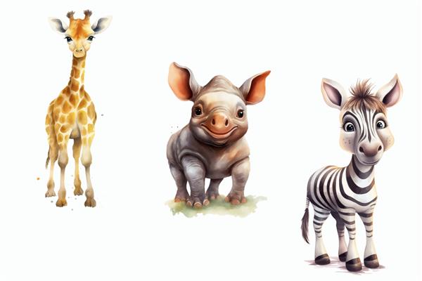 مجموعه حیوانات سافاری girafferhinozebra در تصویر برداری جدا شده به سبک سه بعدی