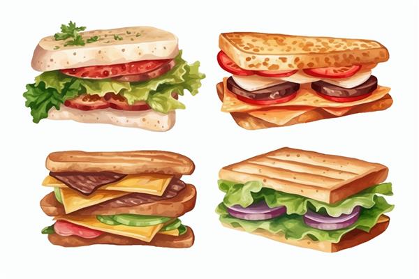 ساندویچ خوشمزه با لایه ها یا مواد جدا شده روی پس زمینه سفید جدا شده بر روی پس زمینه سفید تصویر کارتونی وکتور
