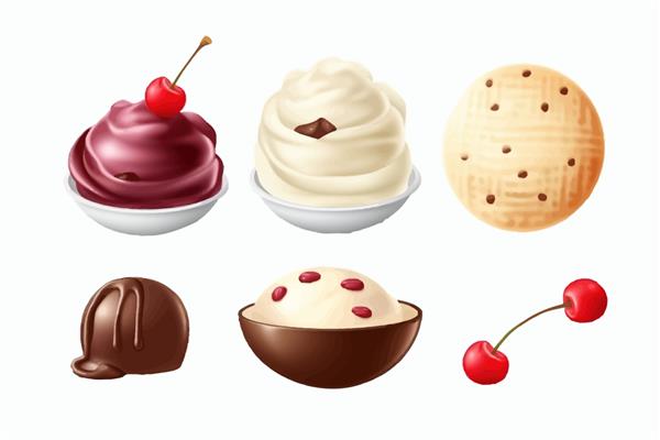 توپ بستنی با سس شکلات و توت فرنگی یا چیپس کوکی شربتی تصویر برداری واقعی جدا شده در تصویر کارتونی وکتور پس زمینه سفید