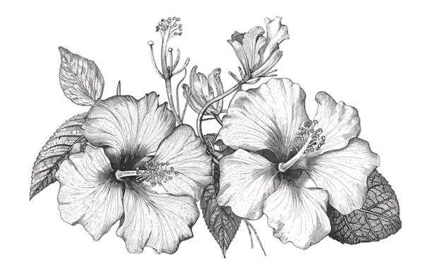 طرح حکاکی گیاه شناسی پرنعمت گل های هیبیسکوس جدا شده در تصویر کارتونی وکتور پس زمینه سفید