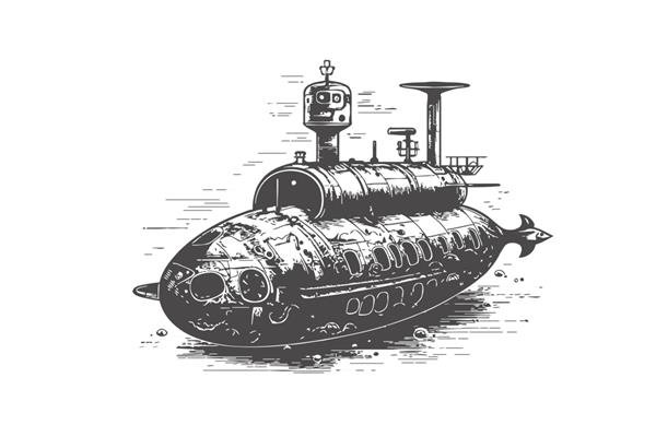زیردریایی قدیمی سیاه و سفید طرحی با دست که بر روی تصویر برداری پس زمینه سفید برجسته شده است