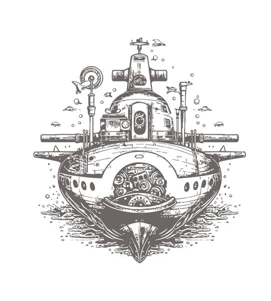 زیردریایی قدیمی سیاه و سفید طرحی با دست که بر روی تصویر برداری پس زمینه سفید برجسته شده است