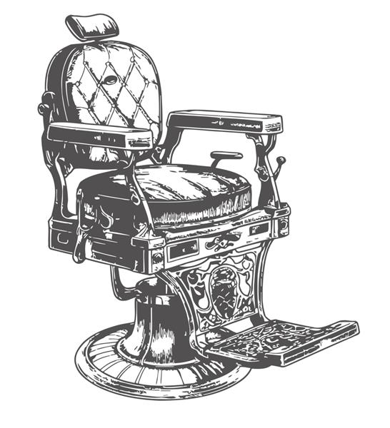 صندلی آرایشگر یکپارچهسازی با سیستمعامل سیاه و سفید طرحی با دست که بر روی تصویر برداری پس زمینه سفید برجسته شده است