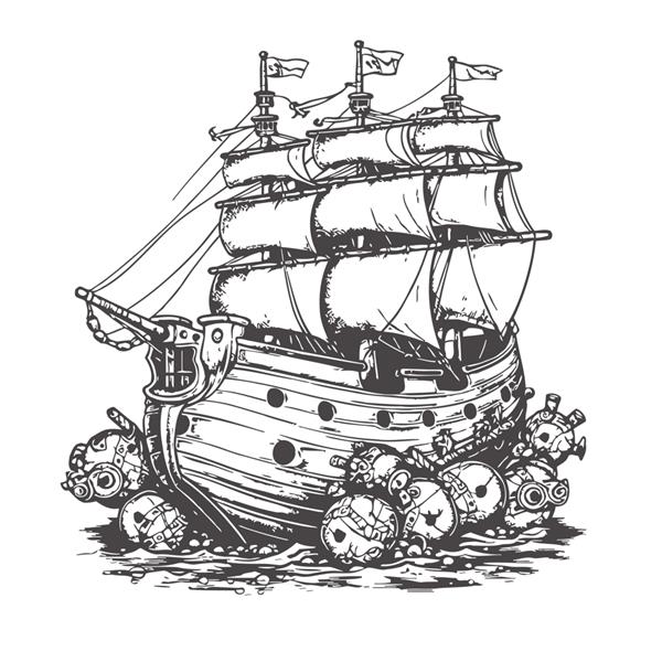توپ و گلوله های توپ قدیمی کشتی دزدان دریایی به رنگ سیاه و سفید طرحی با دست که بر روی تصویر برداری پس زمینه سفید برجسته شده است