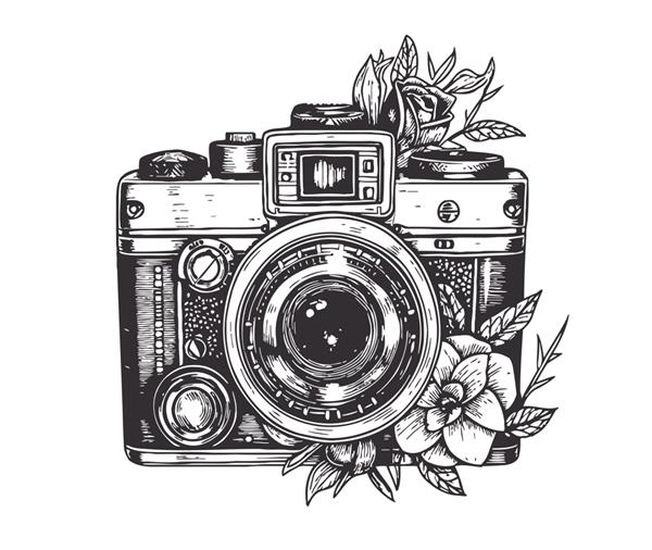 دوربین عکس قدیمی سیاه و سفید طرحی با دست که بر روی تصویر برداری پس‌زمینه سفید برجسته شده است