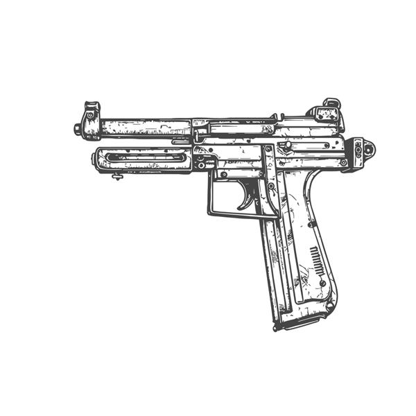 تفنگ دستی مافیا در سیاه و سفید طرحی دستی که بر روی تصویر برداری پس زمینه سفید برجسته شده است