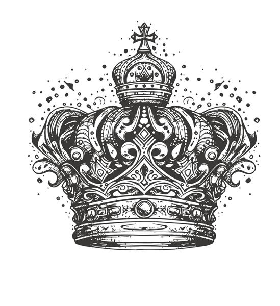 تاج پادشاه سیاه و سفید طرحی با دست که بر روی تصویر برداری پس زمینه سفید برجسته شده است