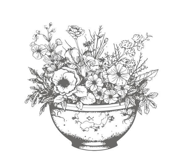 گل‌ها در گلدان سیاه و سفید طرحی با دست که بر روی پس‌زمینه سفید برجسته شده است