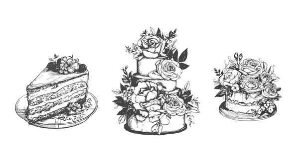 کیک هایی با تزئین گل رز و گل به رنگ سیاه و سفید طرحی دستی که بر روی تصویر برداری پس زمینه سفید برجسته شده است