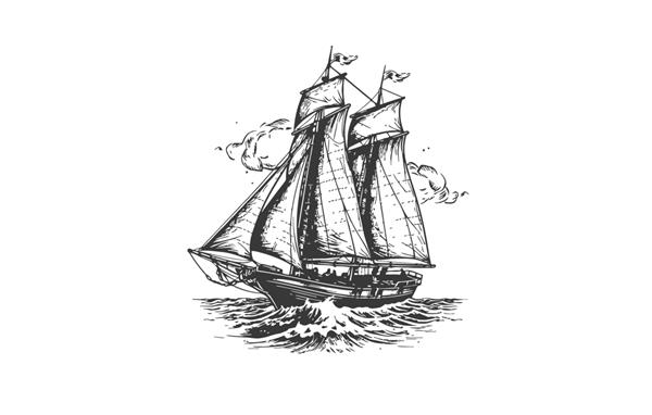 قایق بادبانی قدیمی سیاه و سفید طرحی با دست که بر روی تصویر برداری پس زمینه سفید برجسته شده است