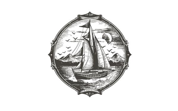 کشتی قایقرانی قدیمی با رنگ سیاه و سفید طرحی با دست که بر روی تصویر برداری پس زمینه سفید برجسته شده است