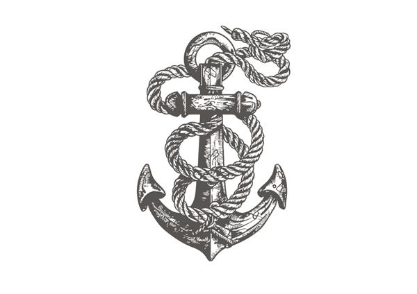 لنگر کشتی دریایی با طناب به رنگ سیاه و سفید طرحی با دست که بر روی تصویر برداری پس زمینه سفید برجسته شده است