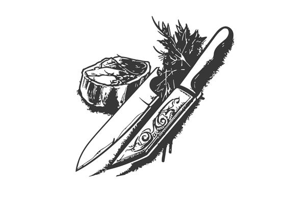 استیک گوشت گاو کبابی سیاه و سفید یک طرح دستی که بر روی تصویر برداری پس زمینه سفید برجسته شده است