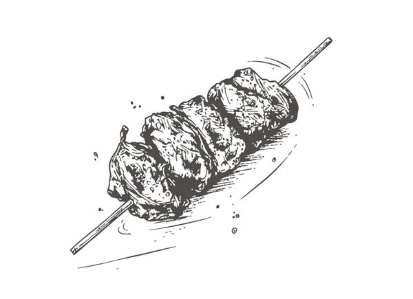 کباب گوشت کبابی سیاه و سفید یک طرح دستی که بر روی تصویر برداری پس زمینه سفید برجسته شده است