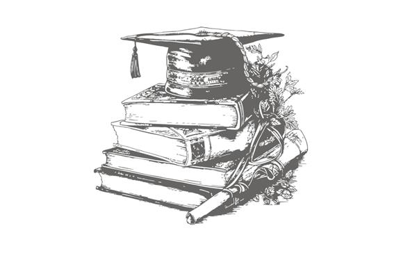 پشته کتاب‌های کلاه فارغ‌التحصیلی و مدارک دیپلم به‌صورت سیاه و سفید طرحی با دست که بر روی تصویر برداری پس‌زمینه سفید برجسته شده است