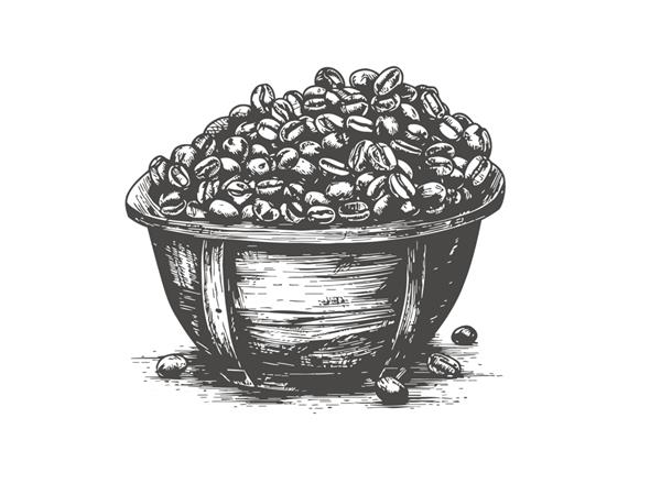 دانه های قهوه در یک قاشق چوبی به رنگ سیاه و سفید طرحی با دست که بر روی تصویر برداری پس زمینه سفید برجسته شده است