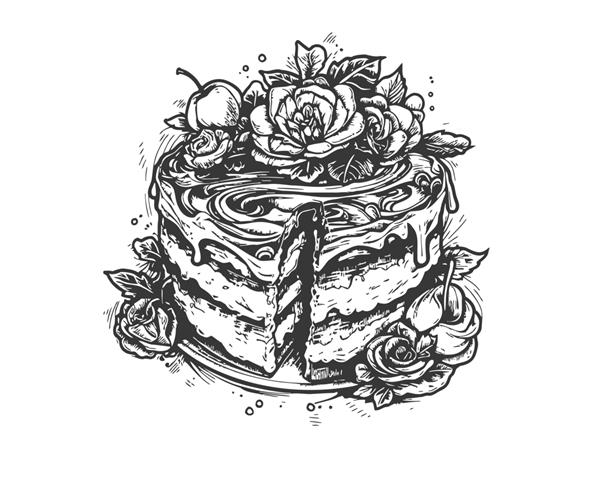 کیک سیاه و سفید یک طرح دستی که بر روی تصویر برداری پس زمینه سفید برجسته شده است