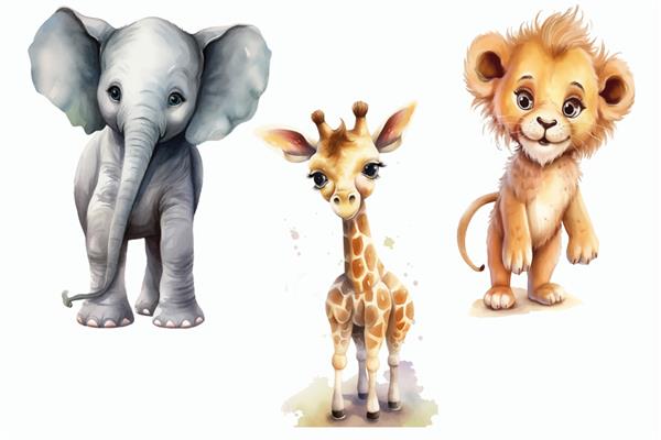 مجموعه حیوانات سافاری فیل زرافه و شیر در تصویر برداری جدا شده به سبک سه بعدی