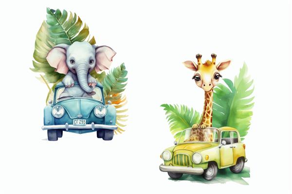 مجموعه حیوانات سافاری فیل و زرافه در ماشین در تصویر برداری جدا شده به سبک سه بعدی
