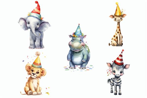 مجموعه حیوانات سافاری فیل اسب آبی زرافه گورخر و شیر با کلاه های جشن در تصویر برداری جدا شده به سبک سه بعدی