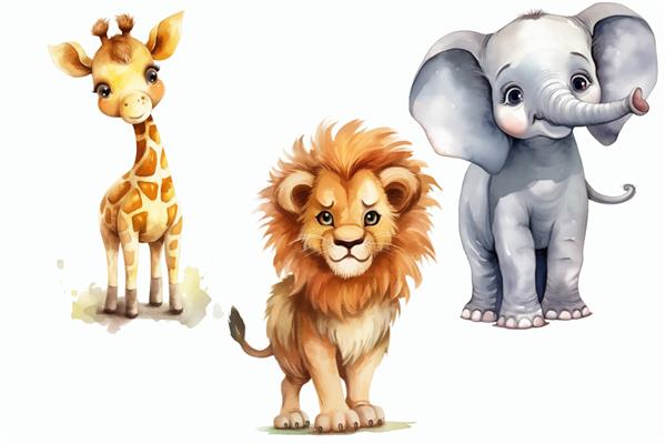 مجموعه حیوانات سافاری شیر و فیل زرافه در تصویر برداری جدا شده به سبک سه بعدی