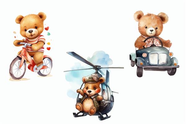 مجموعه حیوانات سافاری خرس روی دوچرخه در ماشین و هلیکوپتر در تصویر برداری جدا شده به سبک سه بعدی