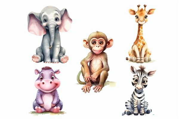 مجموعه حیوانات سافاری میمون زرافه فیل اسب آبی گورخری در تصویر برداری جدا شده به سبک سه بعدی