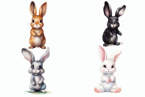 مجموعه حیوانات سافاری خرگوش‌های خاکستری سیاه قهوه‌ای و سفید در تصویر برداری جدا شده به سبک سه بعدی