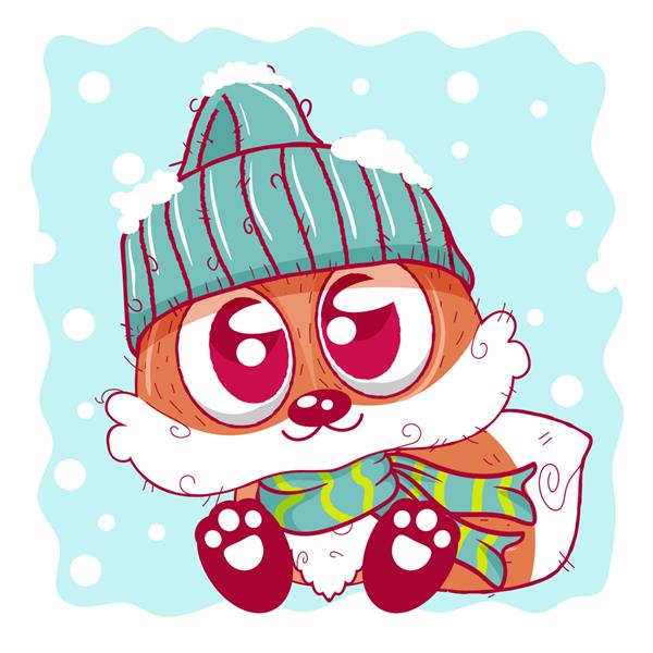 روباه کارتونی ناز با کلاه بافتنی روی برف نشسته است
