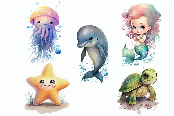 مجموعه حیوانات سافاری دلفین چتر دریایی لاک پشت ستاره دریایی و پری دریایی در تصویر برداری جدا شده به سبک سه بعدی
