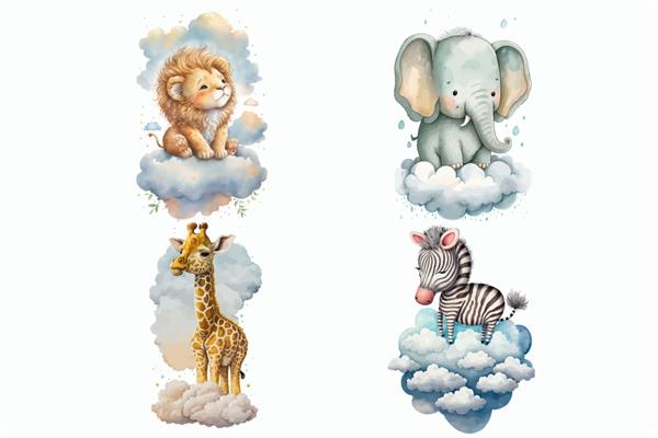 مجموعه حیوانات سافاری زرافه شیر فیل گورخر روی ابر در تصویر برداری جدا شده به سبک سه بعدی