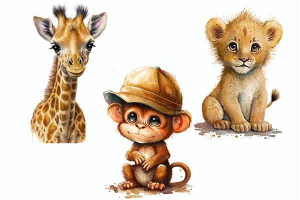 مجموعه حیوانات سافاری شیر زرافه و میمون در تصویر برداری جدا شده به سبک سه بعدی