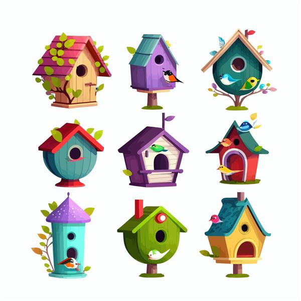 مجموعه ای از خانه های چوبی پرنده جدا شده بر روی تصویر وکتور مسطح کارتونی پس زمینه