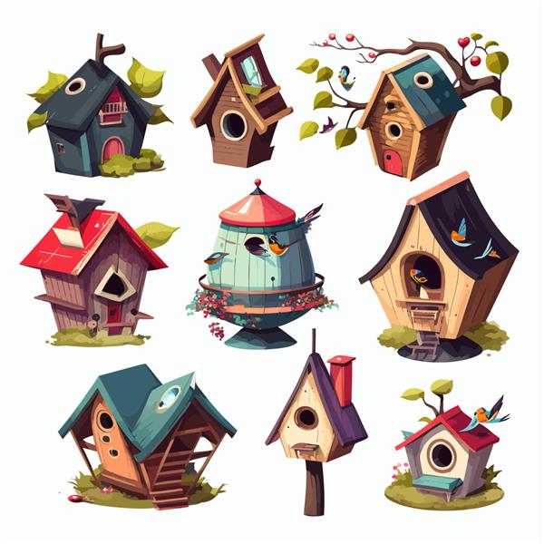 مجموعه ای از خانه های چوبی پرنده جدا شده بر روی تصویر وکتور مسطح کارتونی پس زمینه
