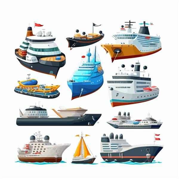 مجموعه ای از کشتی ها و قایق های جدا شده بر روی تصویر وکتور مسطح کارتونی پس زمینه